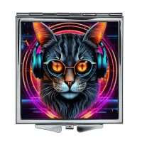 Складное зеркало квадратное Кот в очках и наушниках неон ZER2-0830