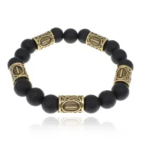 Браслет с рунами под золото Иса, с синт. камнем Шунгит 10мм BSR2-002