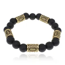 Браслет с рунами под золото Иса, с синт. камнем Шунгит 10мм BSR2-002