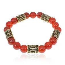 Браслет с рунами под золото Хагалаз, с нат. камнем Сердолик 10мм BSR2-004