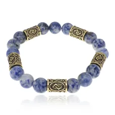 Браслет с рунами под золото Йера, с нат. камнем Содалит 10мм BSR2-007