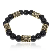 Браслет с рунами под золото Турисаз, с нат. камнем Черный агат 10мм BSR2-009