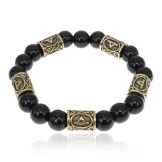 Браслет с рунами под золото Турисаз, с нат. камнем Черный агат 10мм BSR2-009