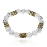 Браслет с рунами под золото Лагуз, с нат. камнем Кахолонг 10мм BSR2-011