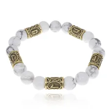 Браслет с рунами под золото Лагуз, с нат. камнем Кахолонг 10мм BSR2-011