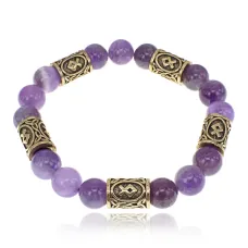 Браслет с рунами под золото Одал, с нат. камнем Аметист 10мм BSR2-012