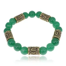 Браслет с рунами под золото Уруз, с нат. камнем Нефрит 10мм BSR2-013