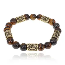 Браслет с рунами под золото Феху, с нат. камнем Тигровый глаз 10мм BSR2-017