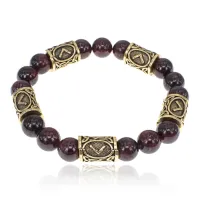 Браслет с рунами под золото Кеназ, с нат. камнем Гранат 10мм BSR2-019
