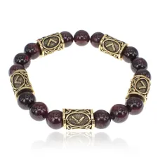 Браслет с рунами под золото Кеназ, с нат. камнем Гранат 10мм BSR2-019