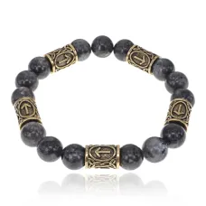 Браслет с рунами под золото Тейваз, с нат. камнем Лабрадор 10мм BSR2-020