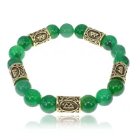 Браслет с рунами под золото Беркана, с нат. камнем Нефрит 10мм BSR2-021