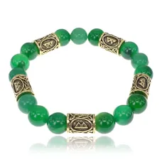 Браслет с рунами под золото Беркана, с нат. камнем Нефрит 10мм BSR2-021