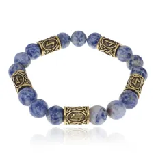 Браслет с рунами под золото Эйваз, с нат. камнем Содалит 10мм BSR2-022