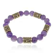 Браслет с рунами под золото Манназ, с нат. камнем Аметист 10мм BSR2-023