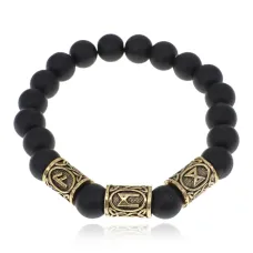 Браслет с рунами под золото Защита от сглаза порчи зла, с синт. камнем Шунгит 10мм BSR2-026