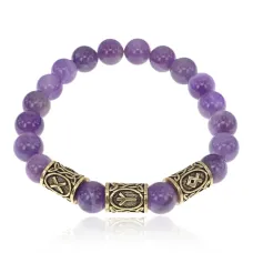 Браслет с рунами под золото Примирение Успокоение Согласие, с нат. камнем Аметист 10мм BSR2-028