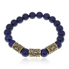 Браслет с рунами под золото Нейтрализация негатива, с нат. камнем Лазурит 10мм BSR2-030