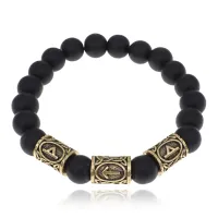 Браслет с рунами под золото Защитный Барьер, с синт. камнем Шунгит 10мм BSR2-036