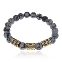 Браслет с рунами под золото Обновление и духовное очищение, с нат. камнем Обсидиан 10мм BSR2-038