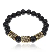 Браслет с рунами под золото Приумножение собственности, с нат. камнем Черный агат 10мм BSR2-040