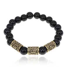 Браслет с рунами под золото Приумножение собственности, с нат. камнем Черный агат 10мм BSR2-040