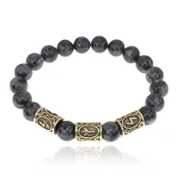 Браслет с рунами под золото Солнечный Щит, с нат. камнем Лабрадор 10мм BSR2-045