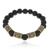 Браслет с рунами под золото Мужская слава, с нат. камнем Лава 10мм BSR2-049