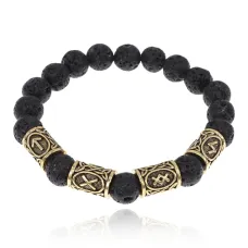 Браслет с рунами под золото Мужская слава, с нат. камнем Лава 10мм BSR2-049