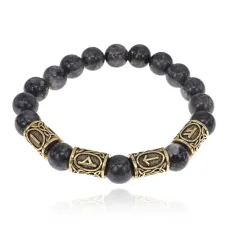 Браслет с рунами под золото Избавление от зависимости, с нат. камнем Лабрадор 10мм BSR2-050