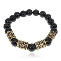 Браслет с рунами под золото Растущее благосостояние, с нат. камнем Черный агат 10мм BSR2-054