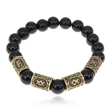 Браслет с рунами под золото Растущее благосостояние, с нат. камнем Черный агат 10мм BSR2-054
