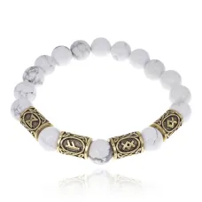 Браслет с рунами под золото Изобилие в семье, с нат. камнем Кахолонг 10мм BSR2-055