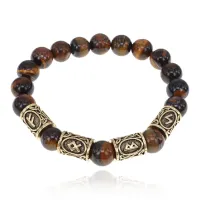 Браслет с рунами под золото Стабильный рост, с нат. камнем Тигровый глаз 10мм BSR2-056