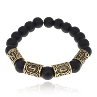 Браслет с рунами под золото Удача всегда и везде, с синт. камнем Шунгит 10мм BSR2-059