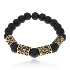 Браслет с рунами под золото Удача всегда и везде, с синт. камнем Шунгит 10мм BSR2-059