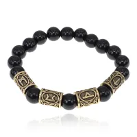 Браслет с рунами под золото Защита от энергетических вампиров, с нат. камнем Черный агат 10мм BSR2-069