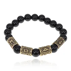 Браслет с рунами под золото Защита от энергетических вампиров, с нат. камнем Черный агат 10мм BSR2-069