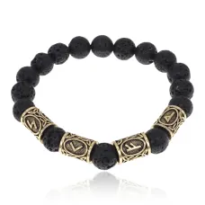 Браслет с рунами под золото Исполнение желаний, с нат. камнем Лава 10мм BSR2-071