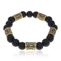 Браслет с рунами под золото Защитный щит Зеркало, с синт. камнем Шунгит 10мм BSR2-075