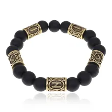 Браслет с рунами под золото Защитный щит Зеркало, с синт. камнем Шунгит 10мм BSR2-075