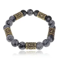 Браслет с рунами под золото Выход из депрессии, с нат. камнем Обсидиан 10мм BSR2-077