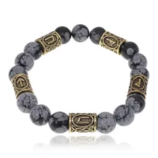 Браслет с рунами под золото Выход из депрессии, с нат. камнем Обсидиан 10мм BSR2-077