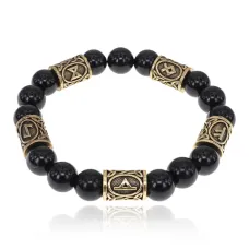 Браслет с рунами под золото Привлечение денег, с нат. камнем Черный агат 10мм BSR2-080