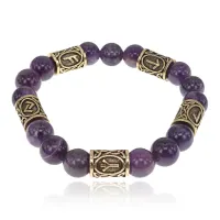 Браслет с рунами под золото Власть в трех мирах, с нат. камнем Аметист 10мм BSR2-086