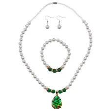 Комплект бижутерии (браслет, бусы и серьги), цвет зелёный NJ036-02