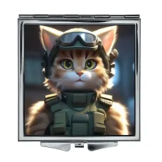 Складное зеркало квадратное Кошка милитари ZER2-1008