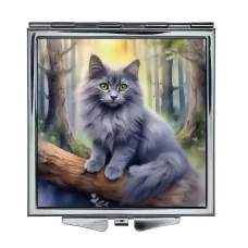 Складное зеркало квадратное Серый кот в лесу ZER2-1038