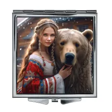 Складное зеркало квадратное Девушка и медведь ZER2-1339