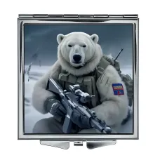 Складное зеркало квадратное Белый медведь в военном снаряжении